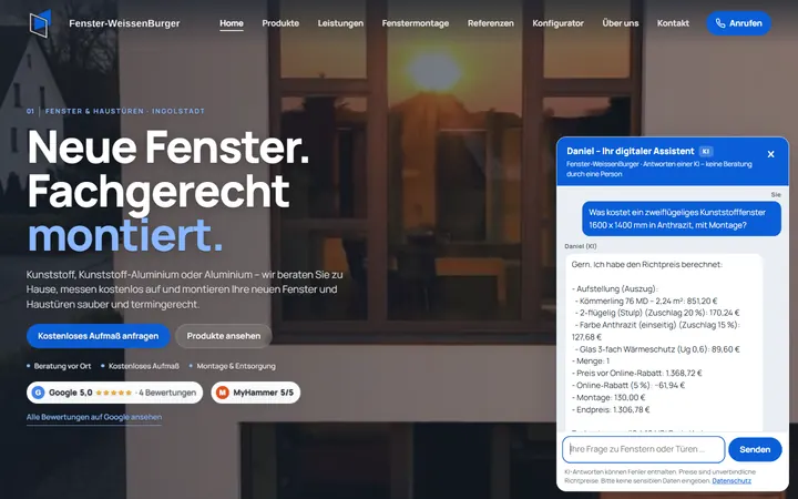 Agentul AI „Daniel” deschis pe site, cu întrebarea unui vizitator despre o fereastră și răspunsul cu prețul calculat pe poziții