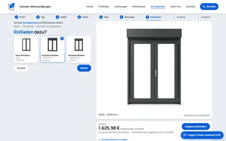 Configuratorul de ferestre: fereastră cu două canate, antracit, cu rulou exterior, fotografia configurației și prețul orientativ calculat