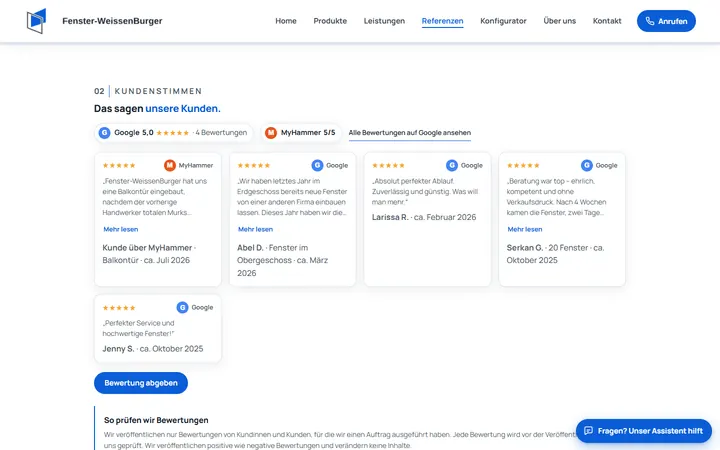 Secțiunea de recenzii de pe pagina Referenzen, cu evaluări de cinci stele de pe Google și MyHammer