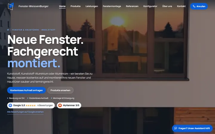 Acum: pagina de start a noului site Fenster-WeissenBurger, cu video de fundal, titlul „Neue Fenster. Fachgerecht montiert.” și recenziile Google și MyHammer