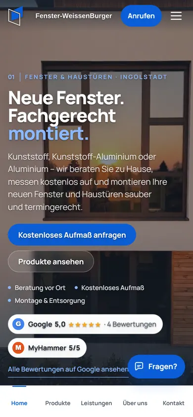 Pagina de start a site-ului Fenster-WeissenBurger pe telefon, cu meniul de jos și butonul asistentului